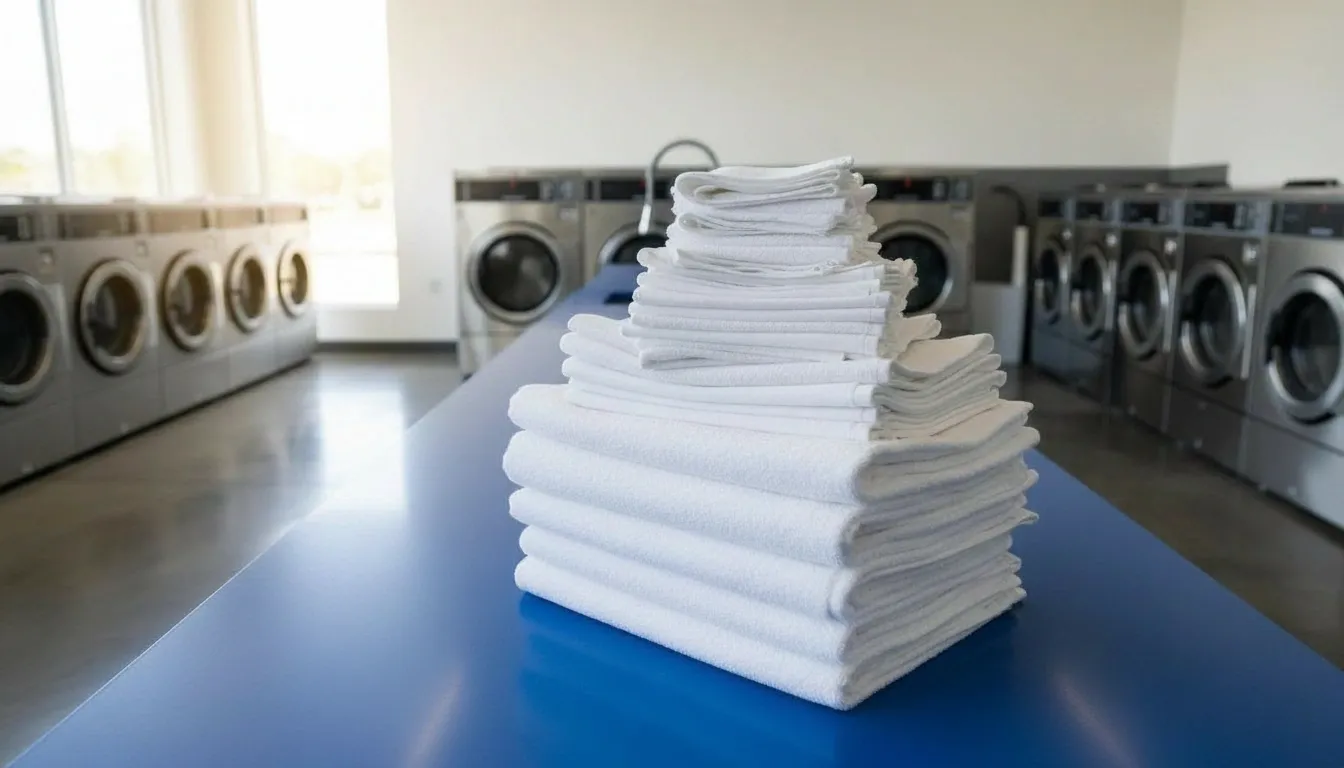 Neatly folded white towels stacked on a blue counter in a laundromat