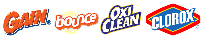 Gain, Bounce, OxiClean, and Clorox laundry product logos